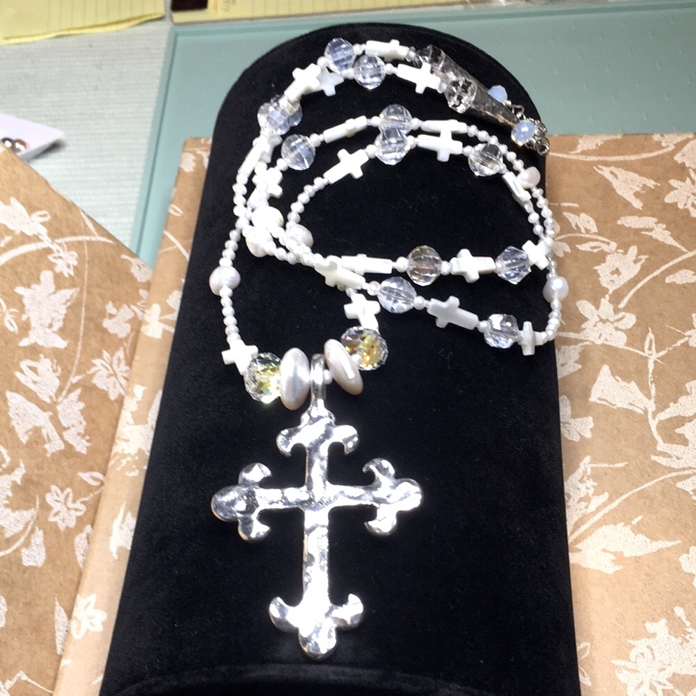 Silver Cross Pendant Necklace with Genuine Pearls and Crystals & Sterling clasp